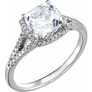 14K White Created White Sapphire & 1/5 CTW Diamond Ring