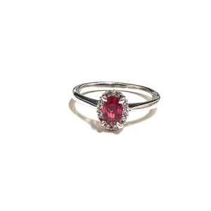 14K White Gold Oval Ruby and Halo Diamond Ring