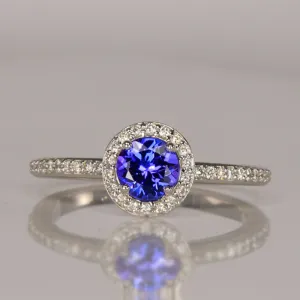 14K White Gold Round Brilliant Tanzanite and Diamond Ring .66 Carats