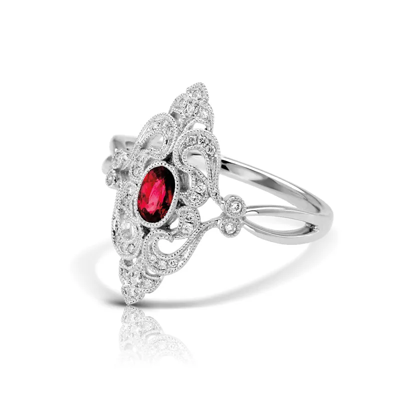 14K White Gold Ruby & Diamond Fashion Ring