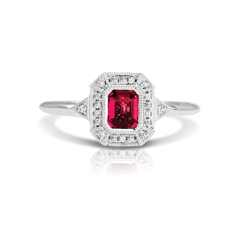 14K White Gold Ruby & Diamond Square Fashion Ring