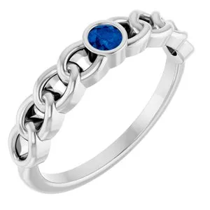 14K White Natural Blue Sapphire Curb Chain Ring