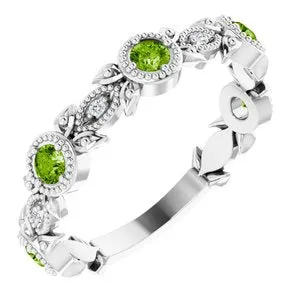 14K White Peridot & .03 CTW Diamond Leaf Ring