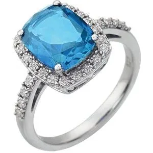 14K White Swiss Blue Topaz & .07 CTW Diamond Ring