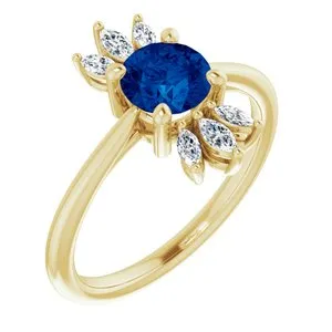 14K Yellow Chatham® Lab-Created Blue Sapphire & 1/4 CTW Diamond Ring
