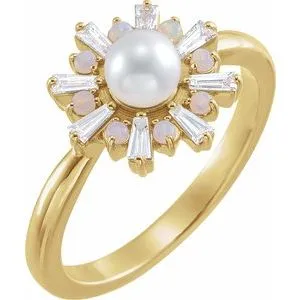 14K Yellow  Cultured White Akoya Pearl, White Opal & 1/4 CTW Diamond