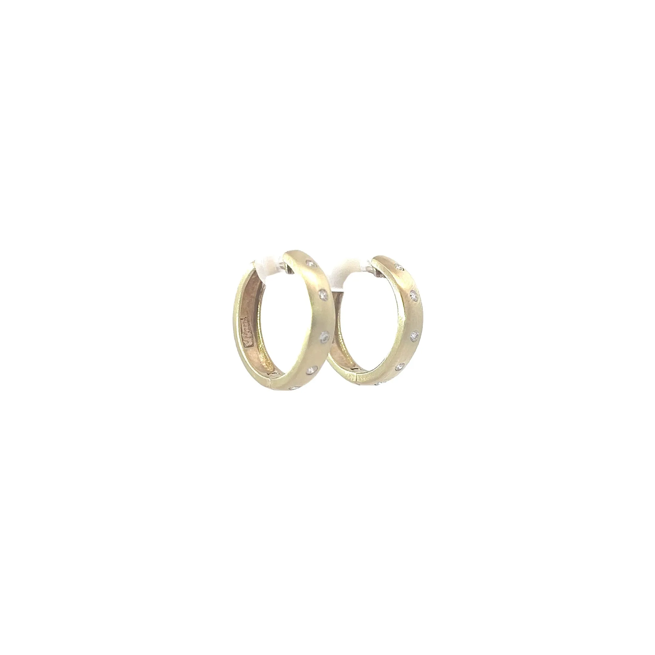 14k Yellow Gold .15ct F VS2 Round Diamond Satin Burnish Set Earring 6.8 Gram 3/4" 4.5mm wide