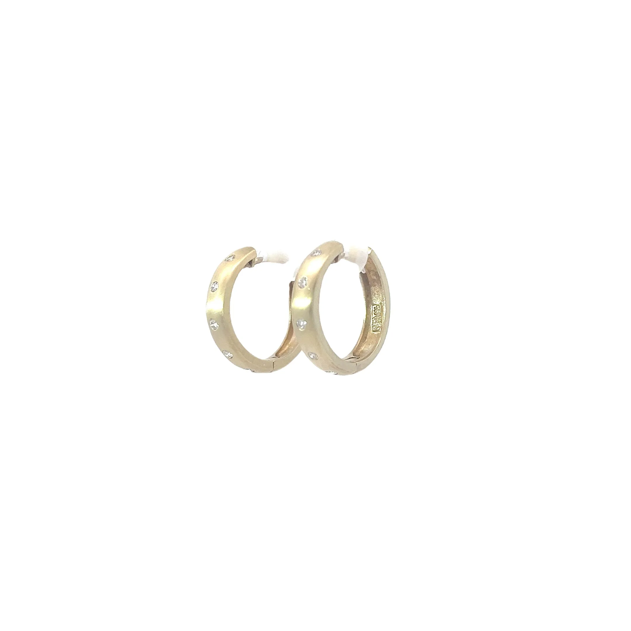 14k Yellow Gold .15ct F VS2 Round Diamond Satin Burnish Set Earring 6.8 Gram 3/4" 4.5mm wide