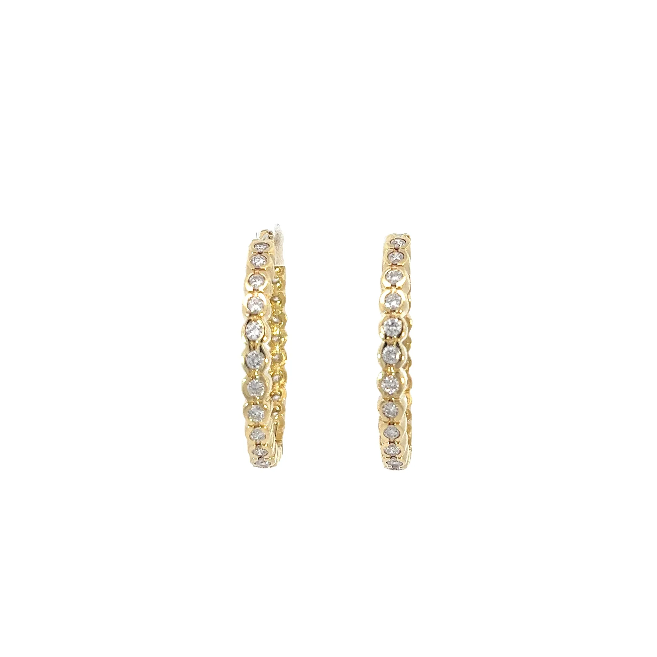 14K YELLOW GOLD 2.00CT F VS2 HALF BEZEL ALL THE WAY AROUND HOOPS 12.5 GRAM