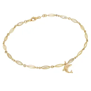14k Yellow Gold Anklet Bracelet with Dolphin Charm 9" 3.1mm 4.2 grams