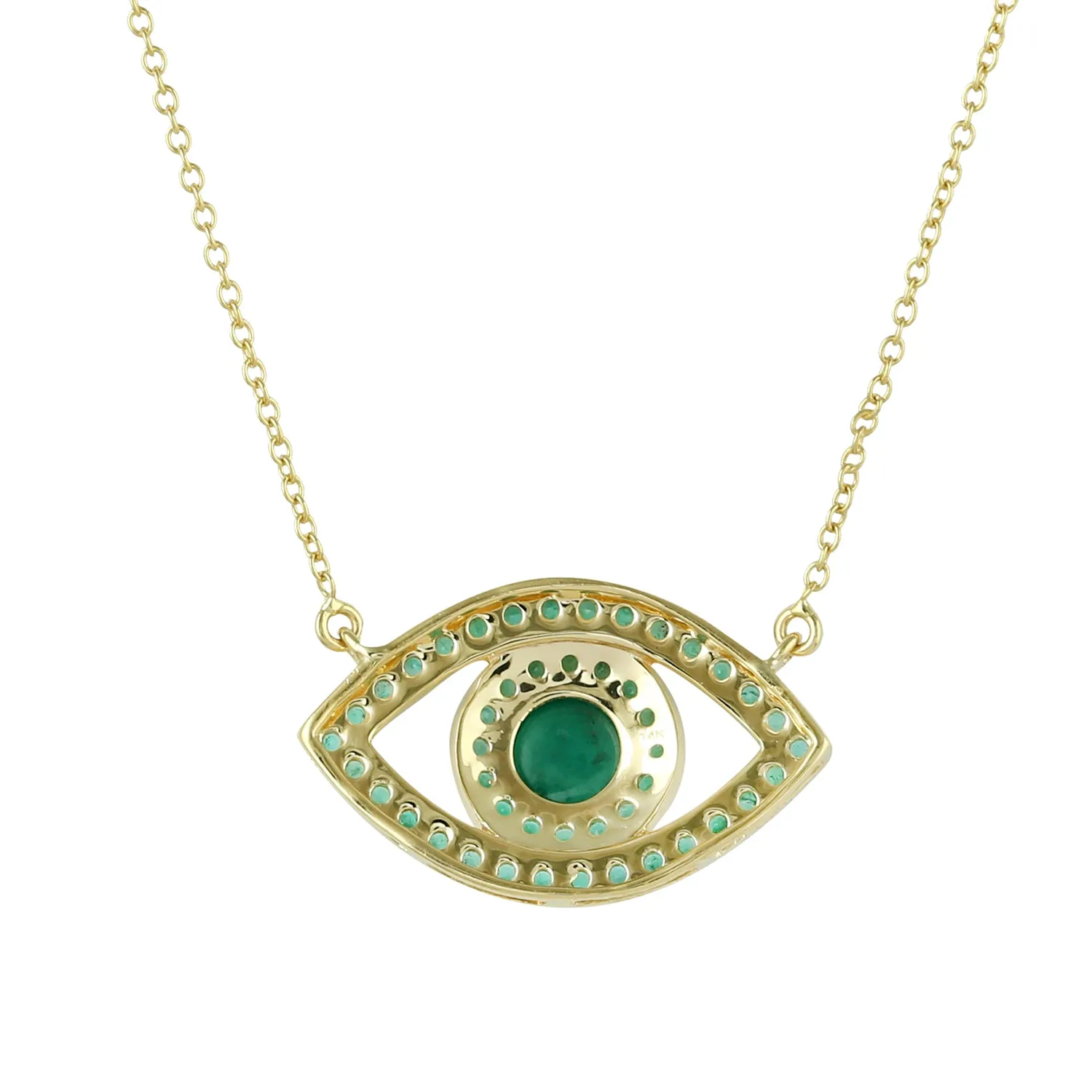 14K Yellow Gold Pave Emerald Gemstone Evil Eye Design Choker Necklace