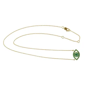 14K Yellow Gold Pave Emerald Gemstone Evil Eye Design Choker Necklace