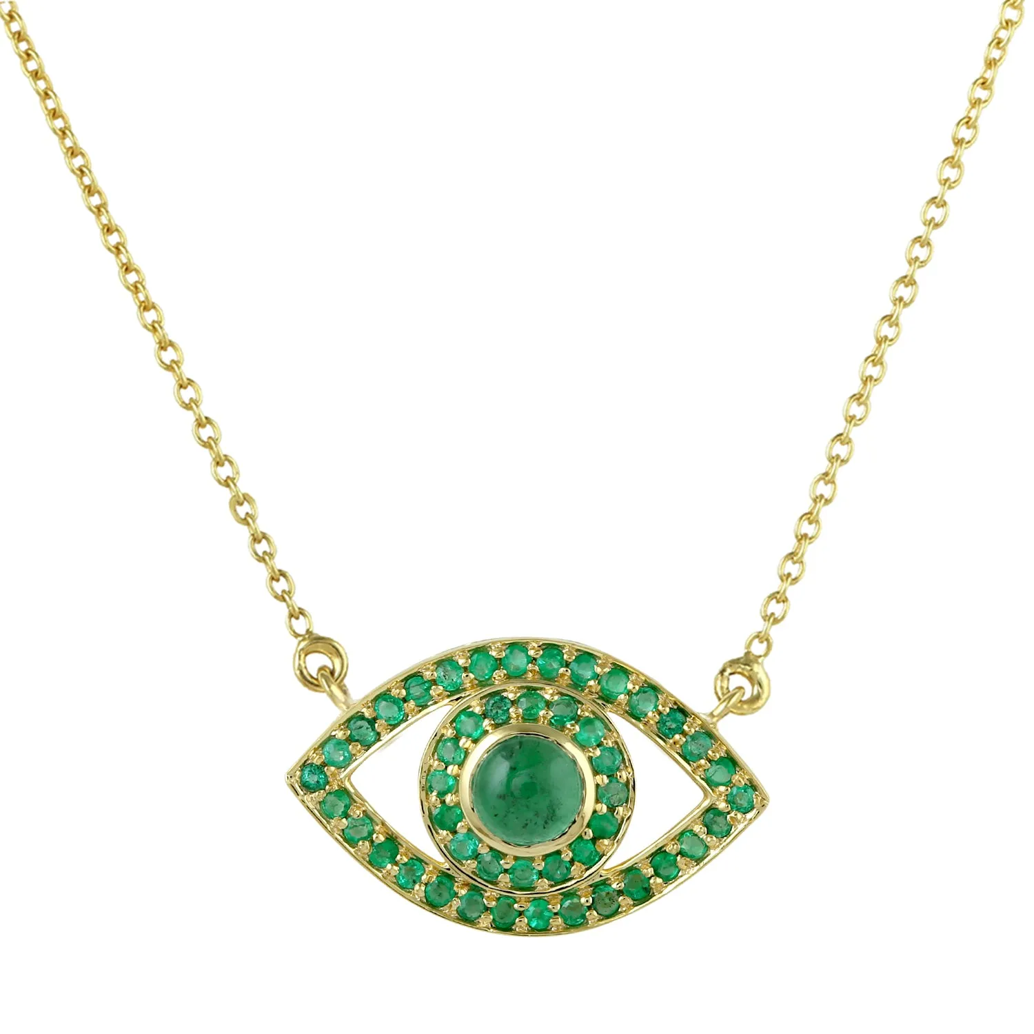 14K Yellow Gold Pave Emerald Gemstone Evil Eye Design Choker Necklace