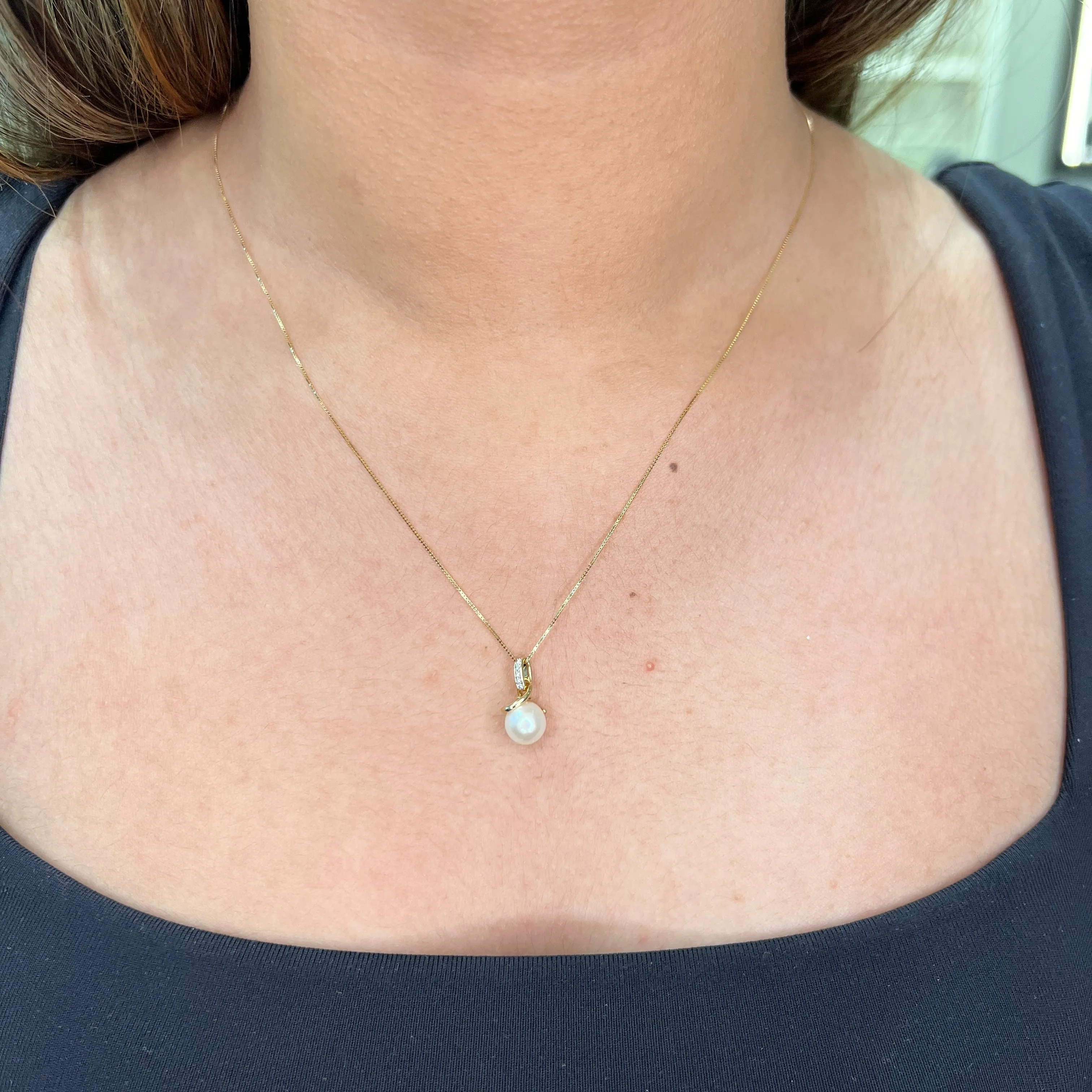 14K Yellow Gold Pearl and Diamond Dangle Pendant
