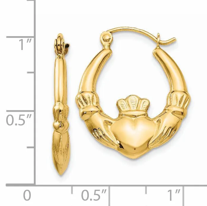14k Yellow Gold Polished Claddagh Hoop Earrings