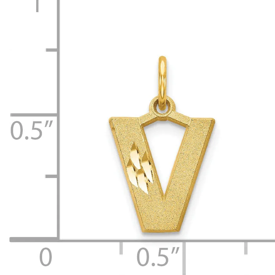 14k Yellow Gold Satin Diamond Cut Finish Letter V Initial Charm Pendant