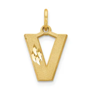 14k Yellow Gold Satin Diamond Cut Finish Letter V Initial Charm Pendant
