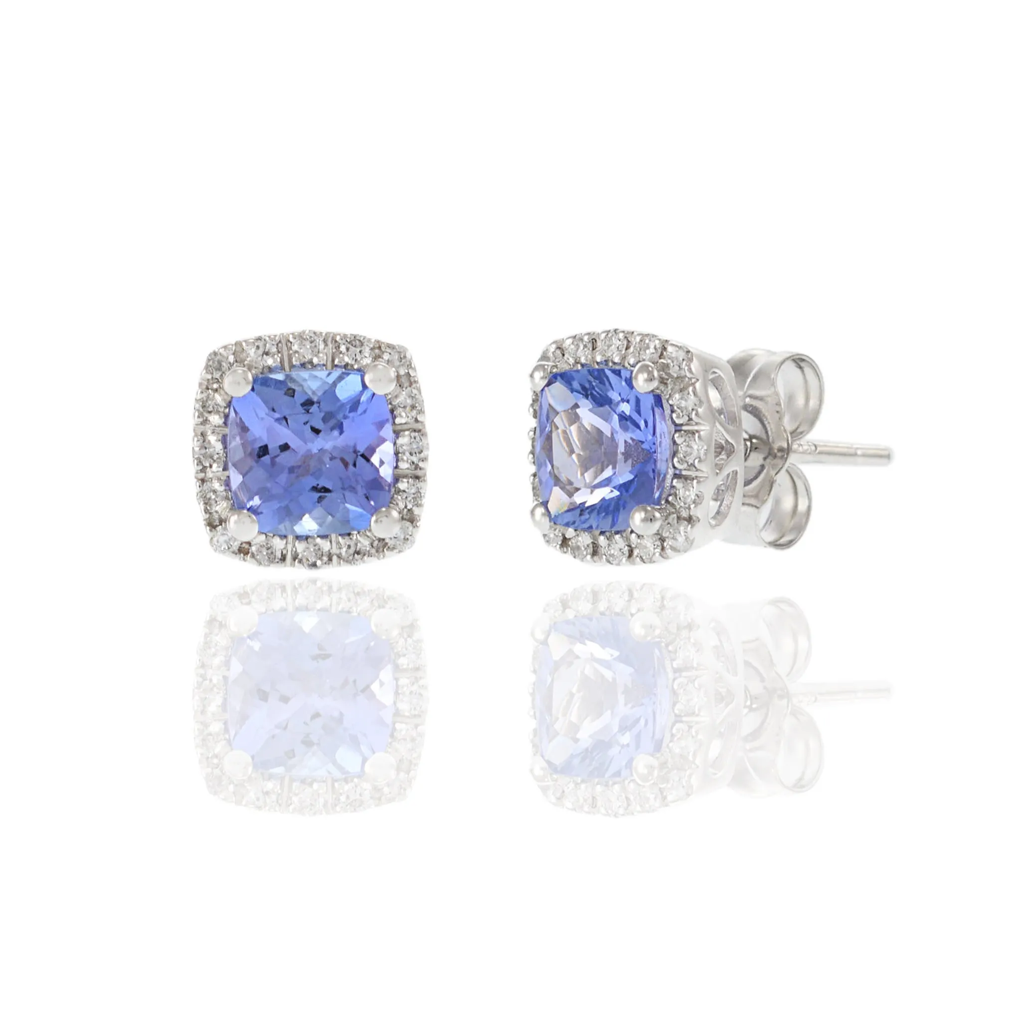 14KT White Gold Square Earrings with Round Cut Diamonds and Tanzanite