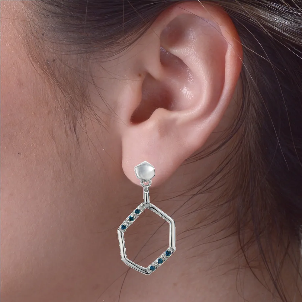 1/5 cttw Blue Diamond Hexagon Dangle Earrings in Sterling Silver