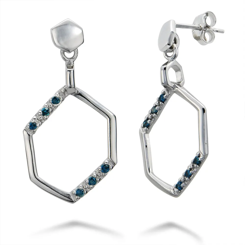 1/5 cttw Blue Diamond Hexagon Dangle Earrings in Sterling Silver