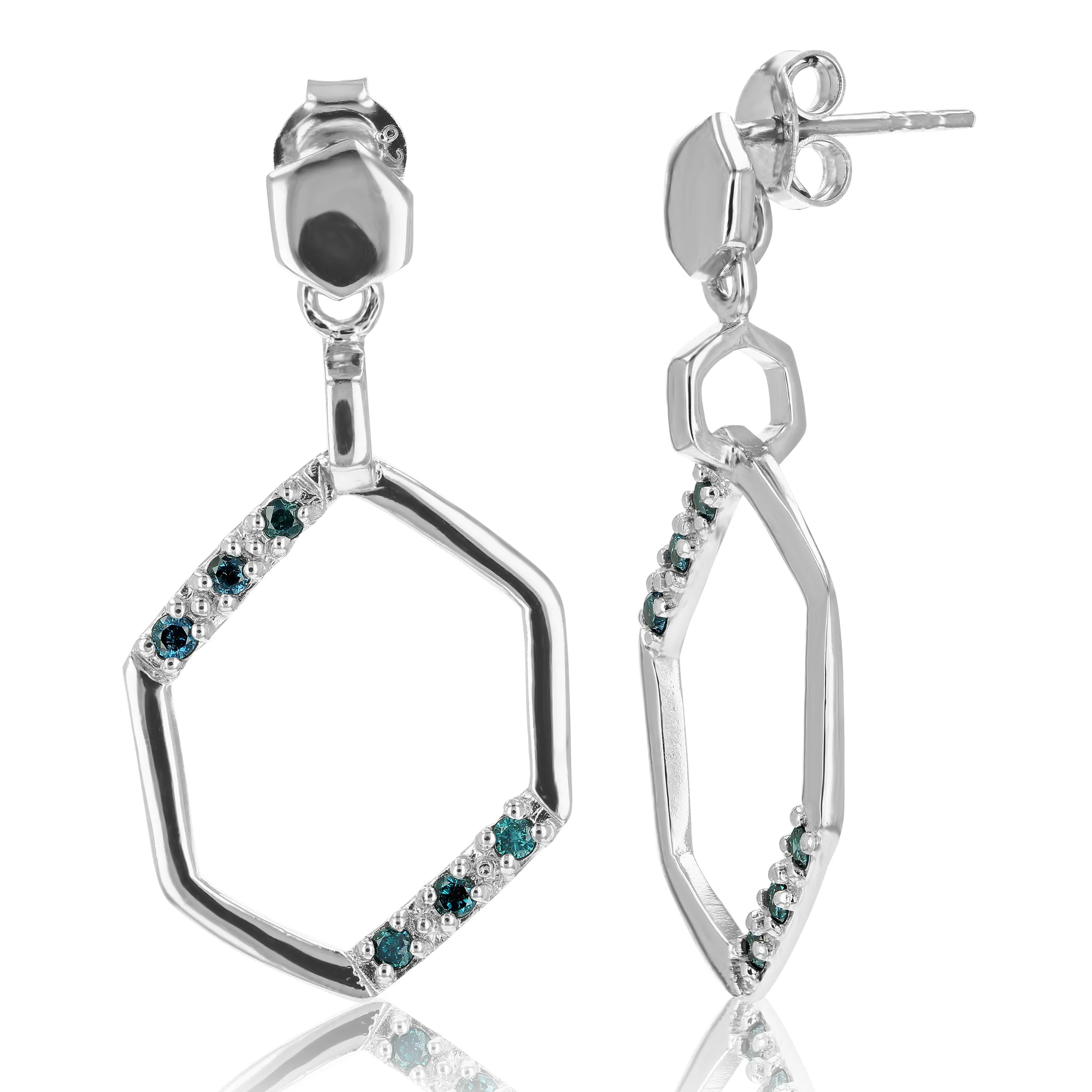 1/5 cttw Blue Diamond Hexagon Dangle Earrings in Sterling Silver
