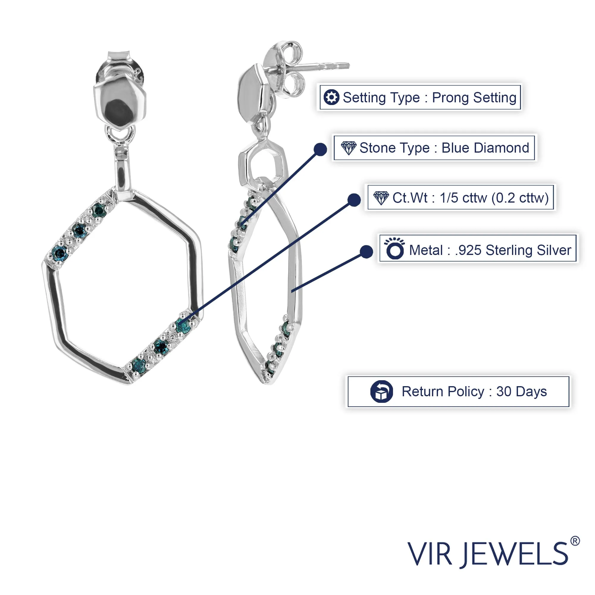 1/5 cttw Blue Diamond Hexagon Dangle Earrings in Sterling Silver