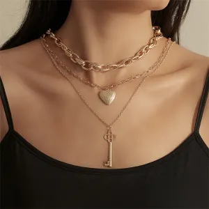 18K Gold-Plated Key & Heart Pendant Necklace Set