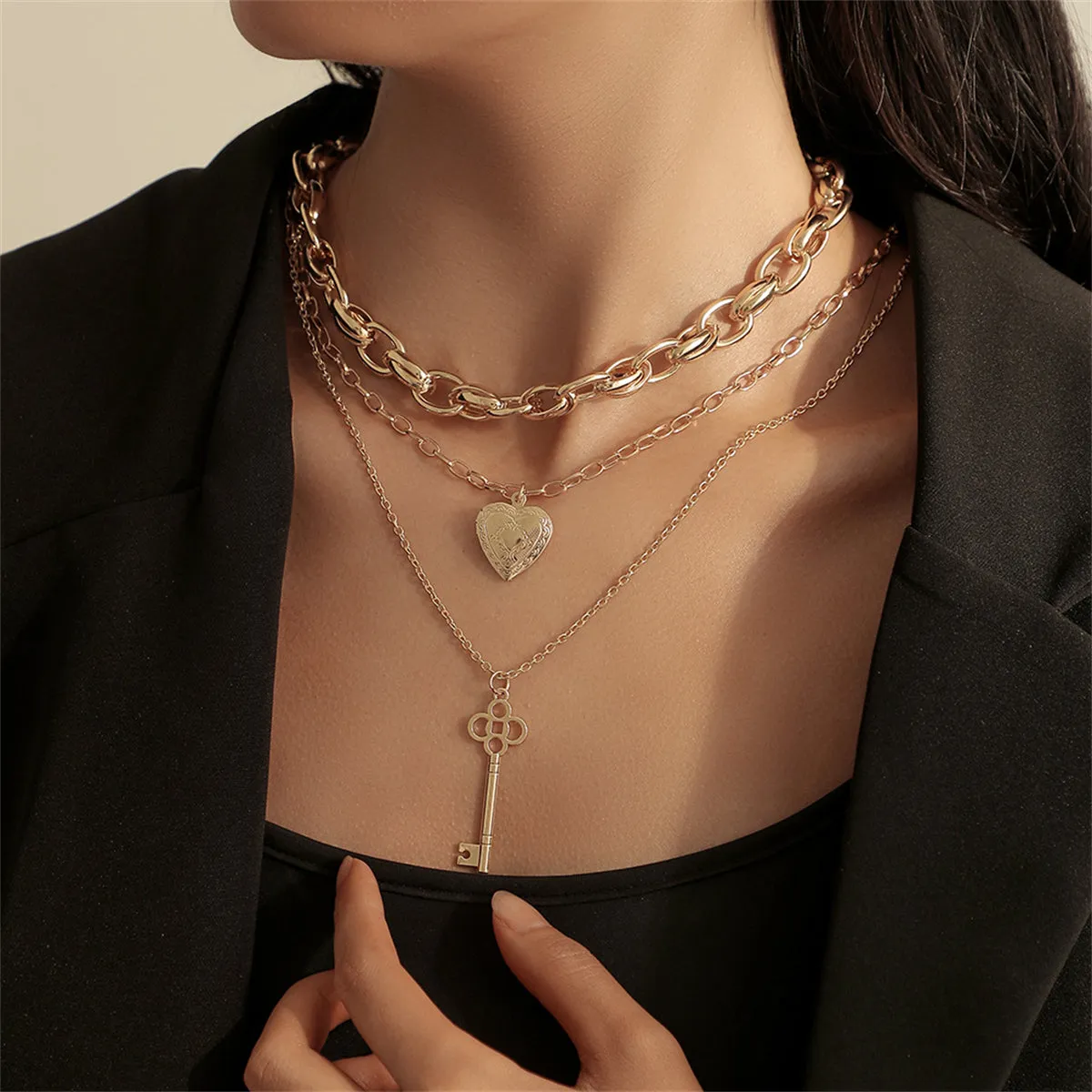 18K Gold-Plated Key & Heart Pendant Necklace Set
