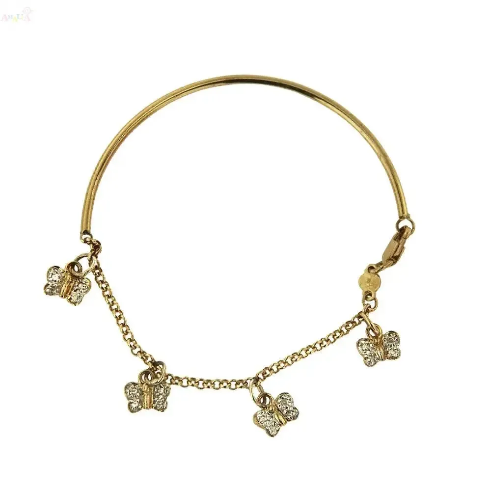 18k Solid Yellow Gold Diamond Butterfly Bangle Bracelet 
