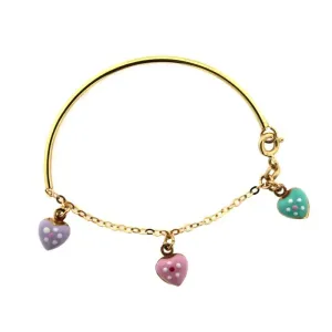 18K Solid Yellow Gold Enamel Dangle Hearts Bangle