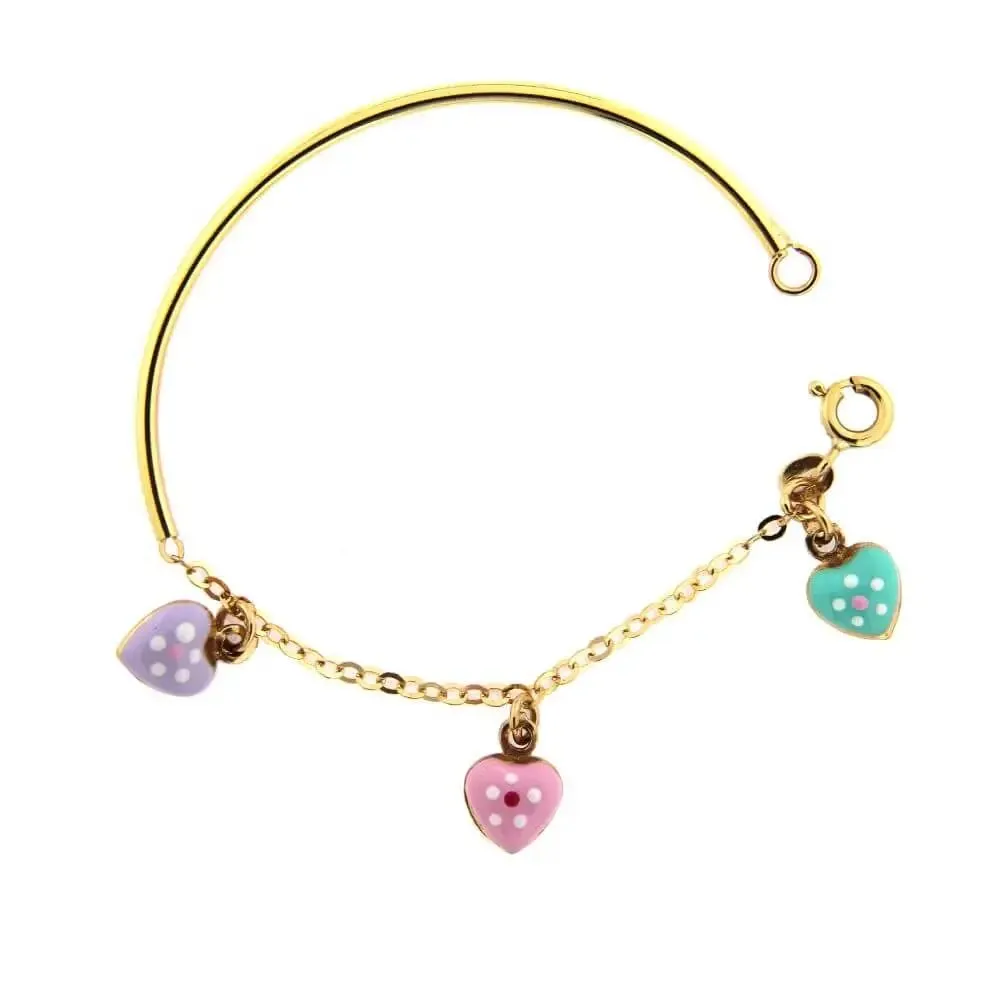 18K Solid Yellow Gold Enamel Dangle Hearts Bangle