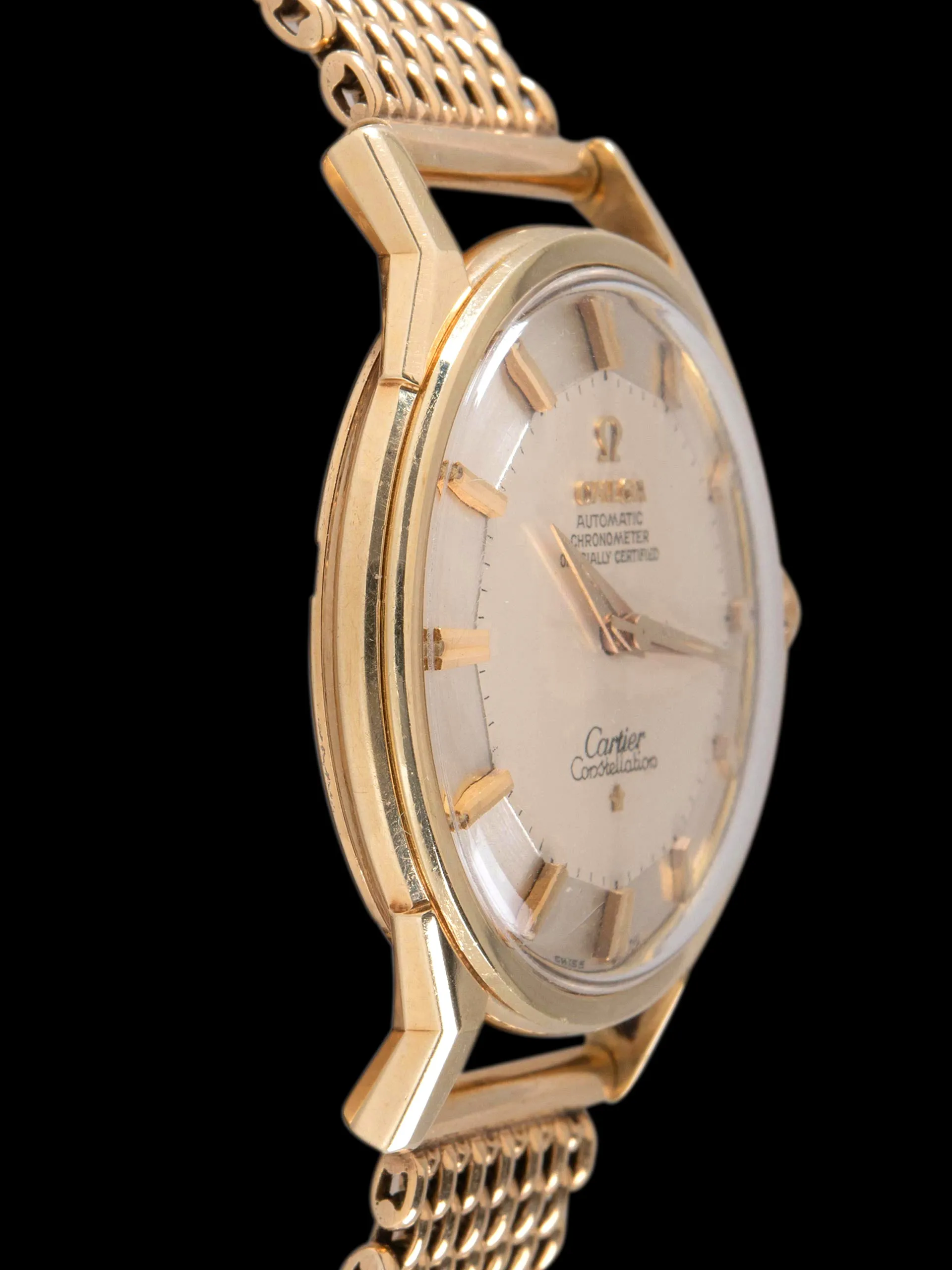 1962 Omega Constellation 14K YG (Ref. 14900SC) Silver "Cartier Cosigned" Pie-Pan Dial W/ Cartier Milanese Bracelet