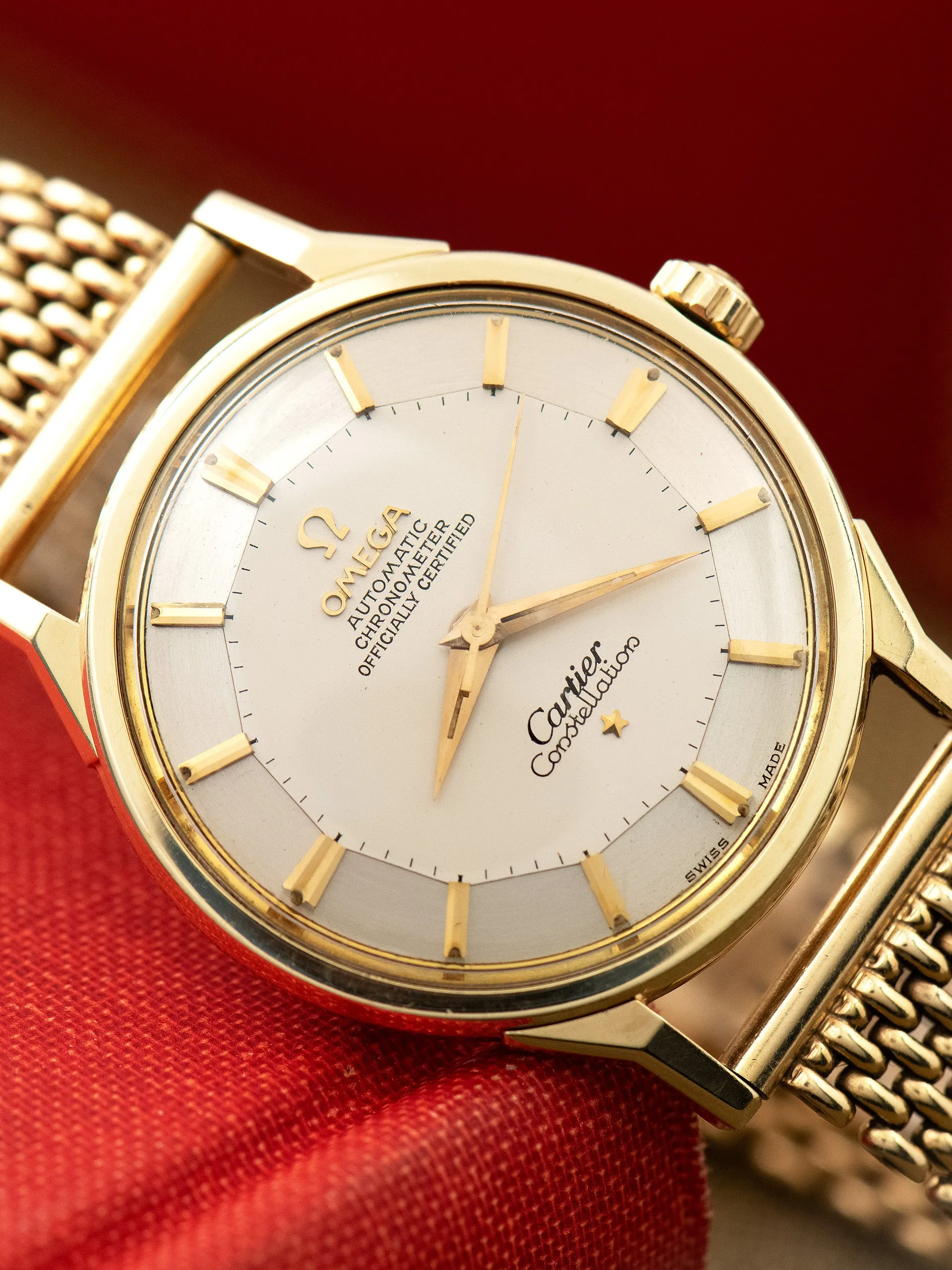 1962 Omega Constellation 14K YG (Ref. 14900SC) Silver "Cartier Cosigned" Pie-Pan Dial W/ Cartier Milanese Bracelet