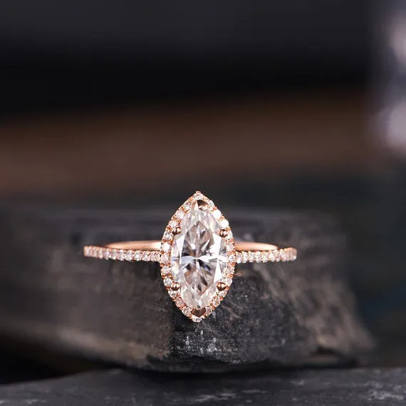 1ct Rose Gold Moissanite Engagement Ring Marquise Shaped Bridal Wedding Ring Halo Diamond Half Eternity Band Women Anniversary Gift