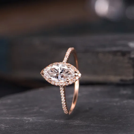 1ct Rose Gold Moissanite Engagement Ring Marquise Shaped Bridal Wedding Ring Halo Diamond Half Eternity Band Women Anniversary Gift