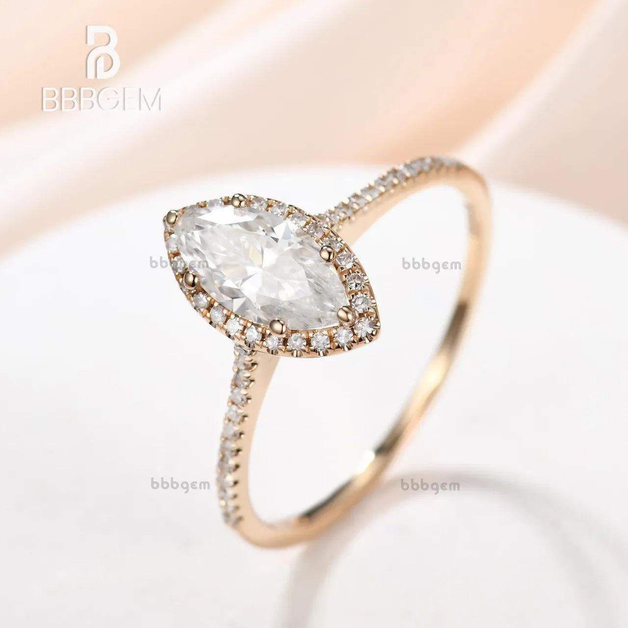 1ct Rose Gold Moissanite Engagement Ring Marquise Shaped Bridal Wedding Ring Halo Diamond Half Eternity Band Women Anniversary Gift