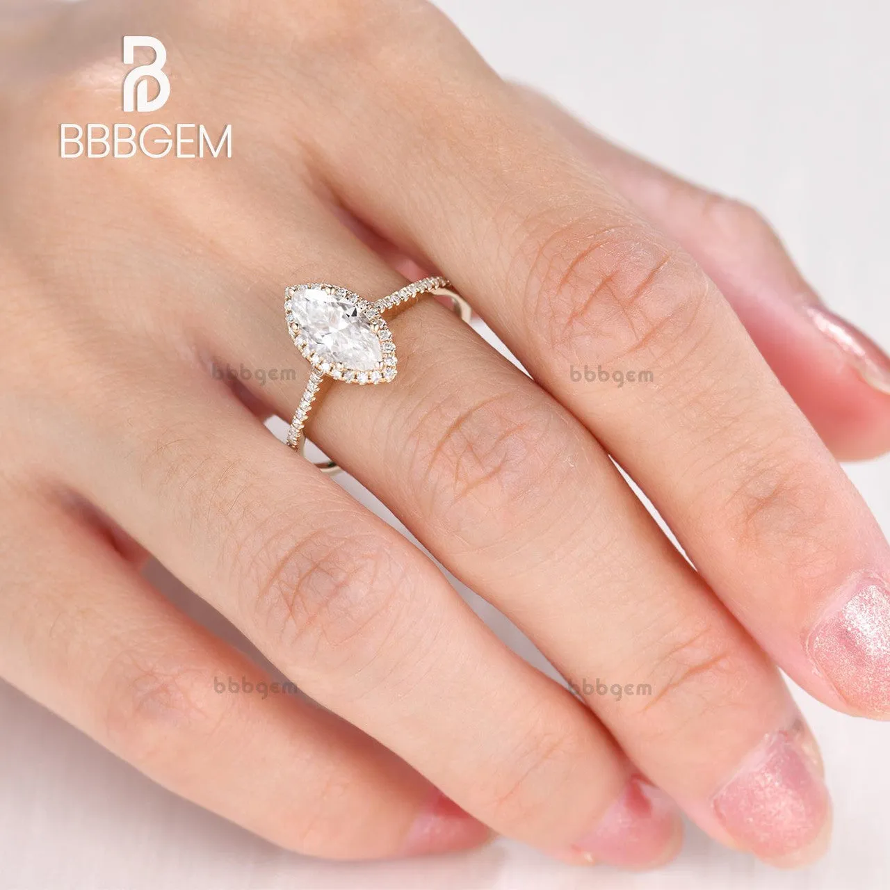 1ct Rose Gold Moissanite Engagement Ring Marquise Shaped Bridal Wedding Ring Halo Diamond Half Eternity Band Women Anniversary Gift