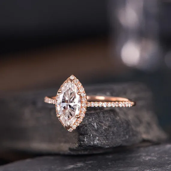 1ct Rose Gold Moissanite Engagement Ring Marquise Shaped Bridal Wedding Ring Halo Diamond Half Eternity Band Women Anniversary Gift