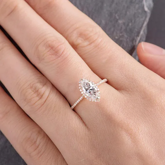 1ct Rose Gold Moissanite Engagement Ring Marquise Shaped Bridal Wedding Ring Halo Diamond Half Eternity Band Women Anniversary Gift