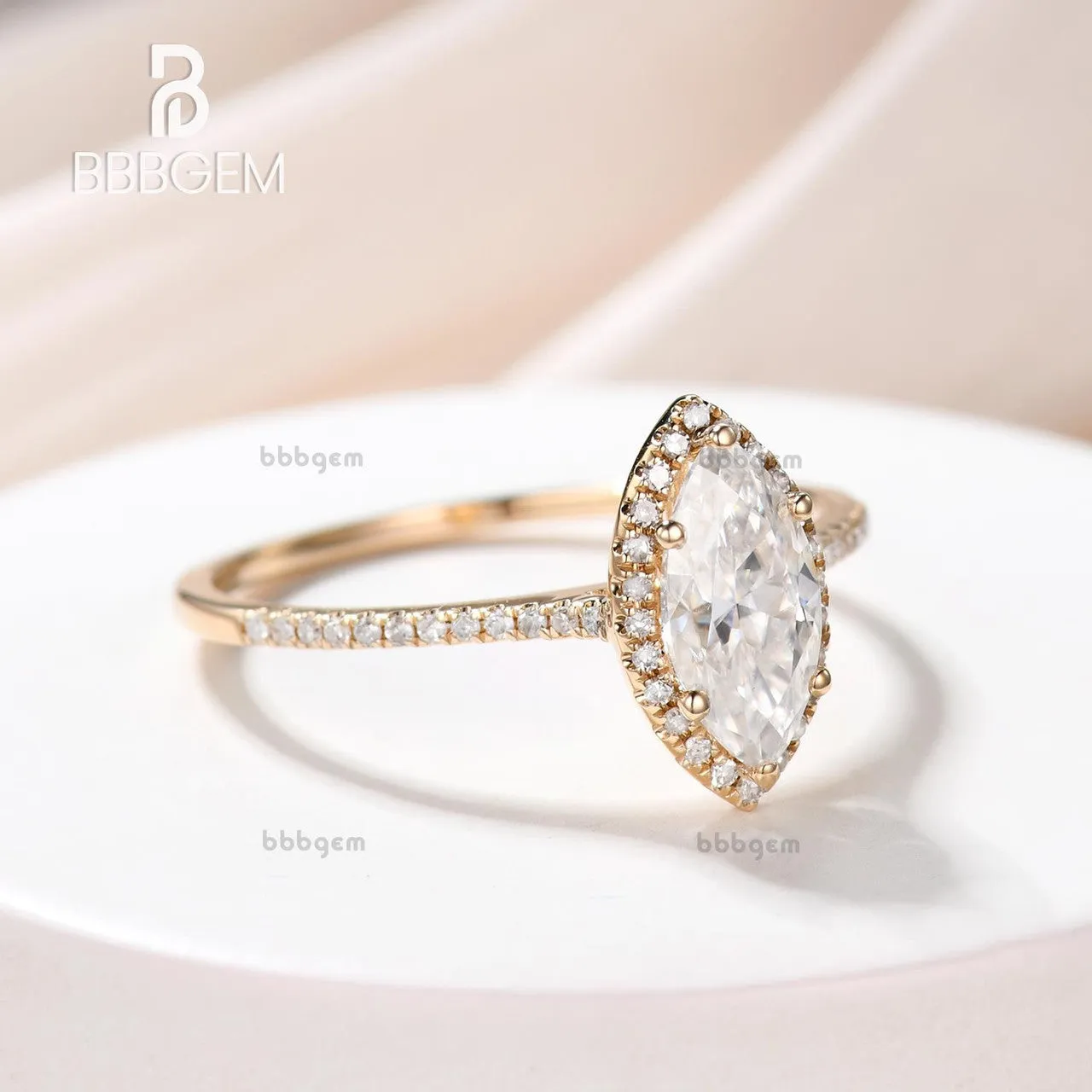 1ct Rose Gold Moissanite Engagement Ring Marquise Shaped Bridal Wedding Ring Halo Diamond Half Eternity Band Women Anniversary Gift