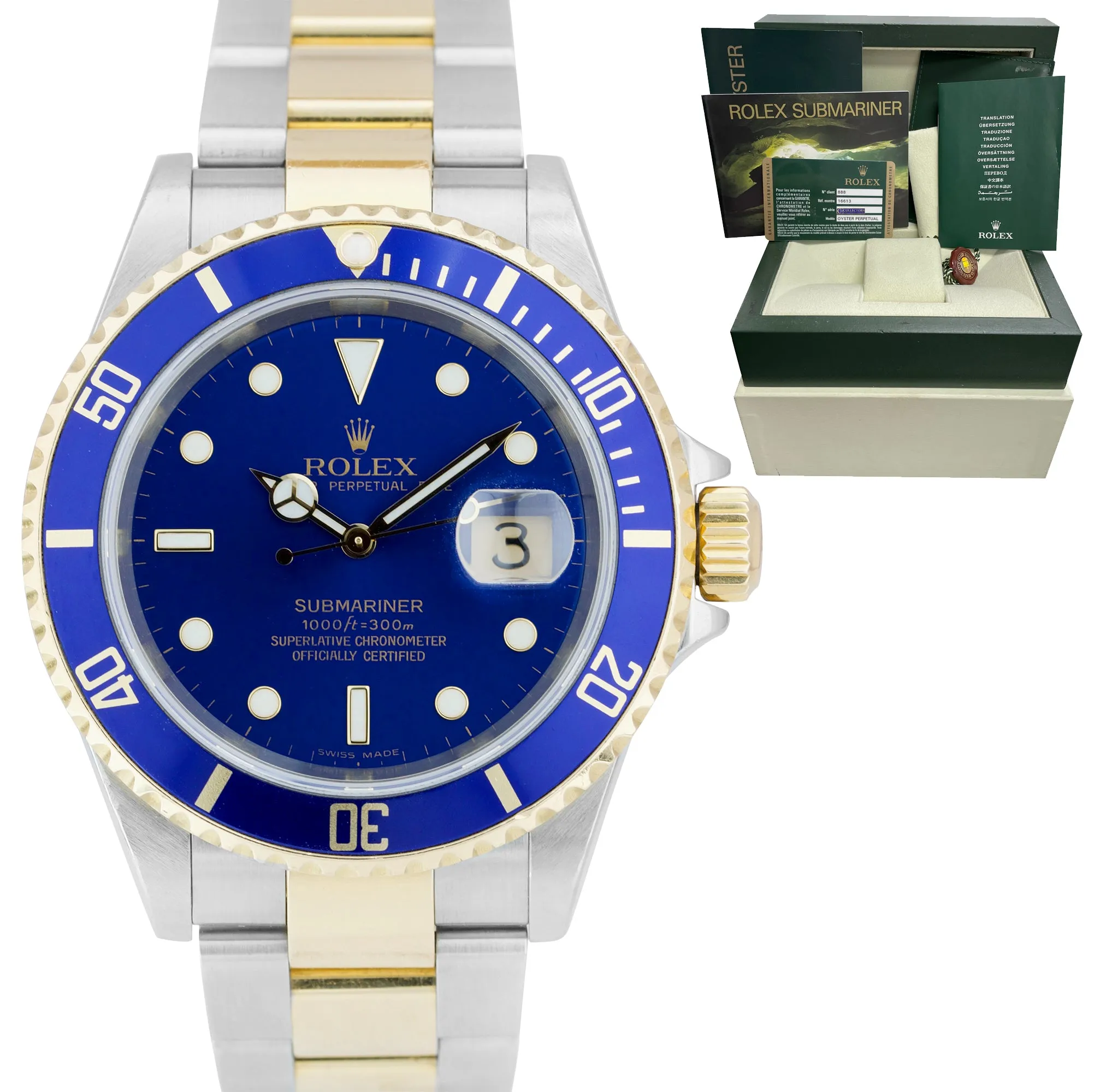 2007 Rolex Submariner 16613 Two-Tone Steel Gold Buckle Blue 40mm NO-HOLES Watch