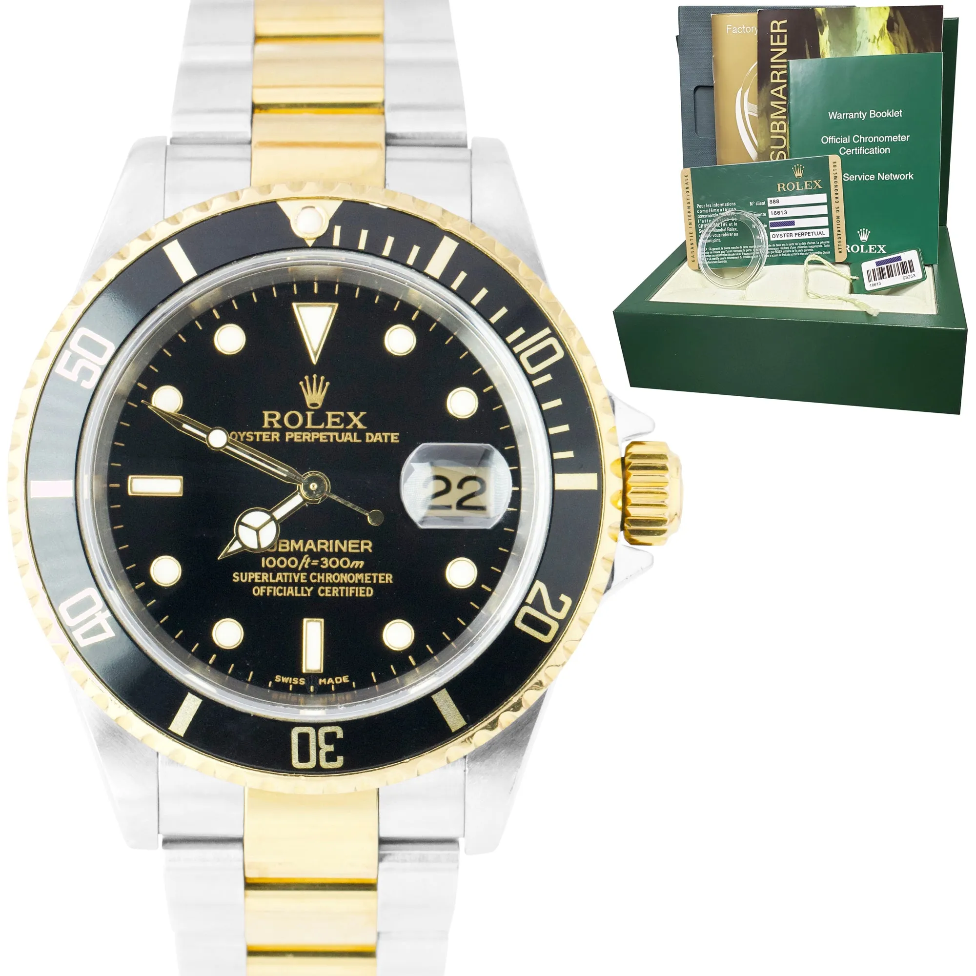2008 Rolex Submariner Two-Tone Gold NO-HOLES CASE Black Stainless 40mm 16613 B P