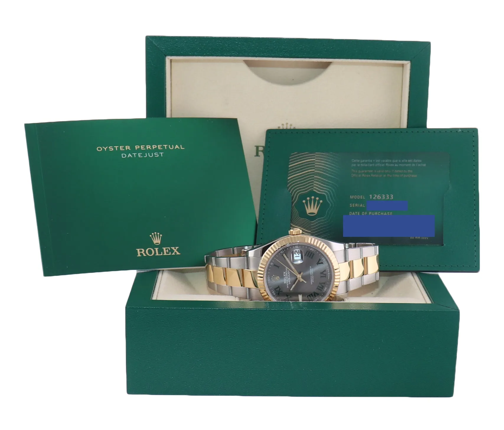 2021 PAPERS Rolex DateJust 41 126333 Two Tone Gold Wimbledon Grey Watch Box