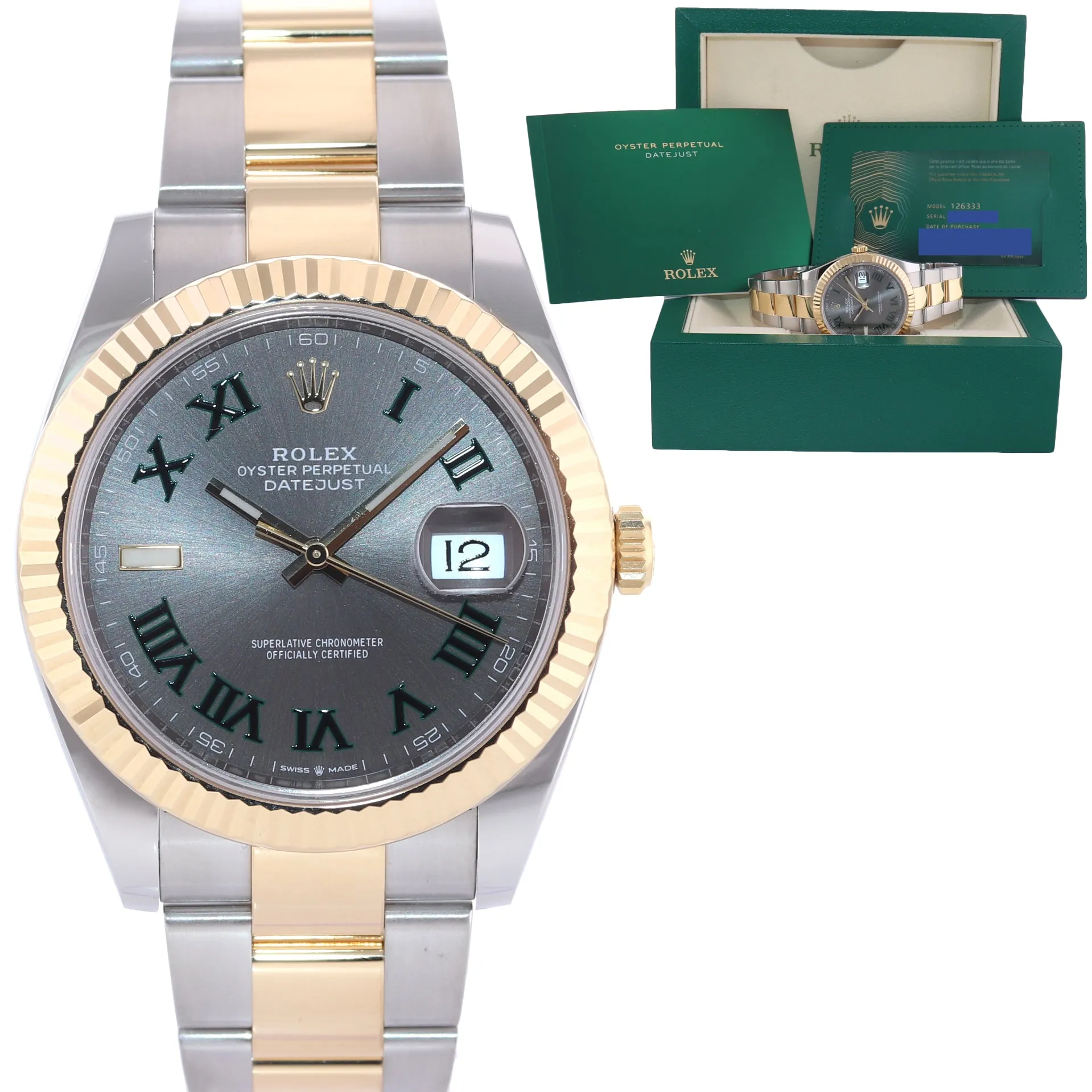 2021 PAPERS Rolex DateJust 41 126333 Two Tone Gold Wimbledon Grey Watch Box