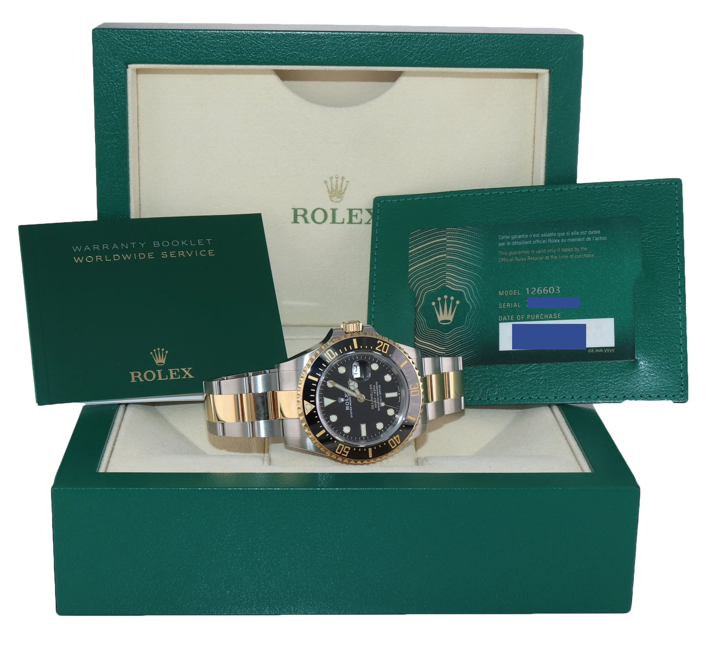 2022 PAPERS Rolex Sea-Dweller 43mm 126603 Two-Tone Yellow Gold Steel Watch
