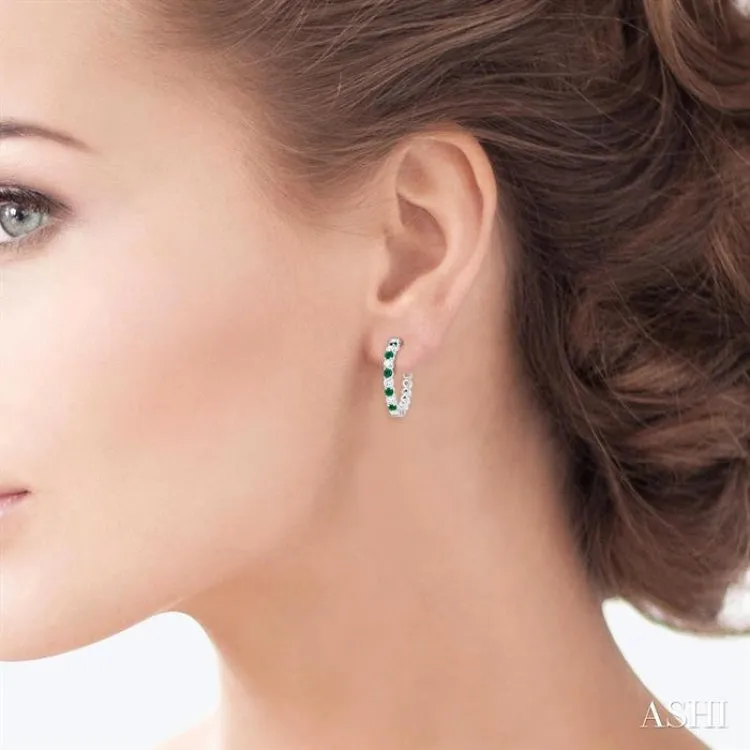 2.4 MM Round Shape Emerald and 5/8 ctw Round Cut Diamond Precious Hoop Earring in 14K White Gold