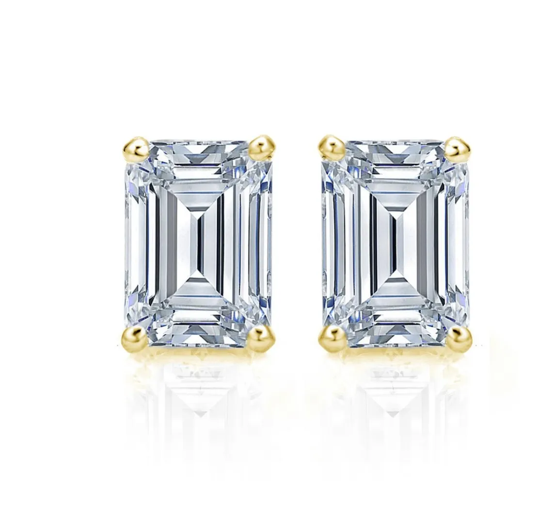 2.50 CTW Diamond Studs Earrings 14k Yellow Gold Screw Back Natural Emerald Cut
