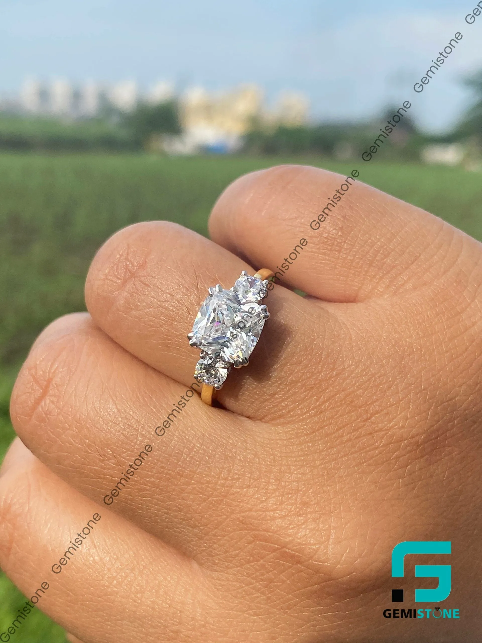 3 CT Cushion Cut Moissanite Three Stone Meghan Markle Engagement Ring