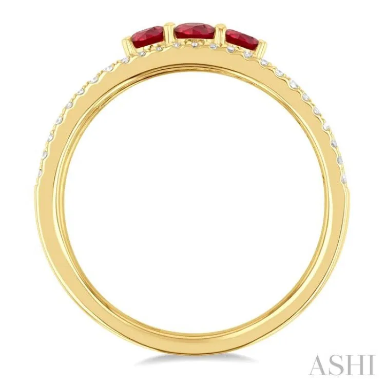 3.2 MM, 2.7 MM Round Cut Ruby & 1/4 ctw Single Cut Diamond Past, Present and Future Precious Layered Fashion Ring in 10K Yellow Gold