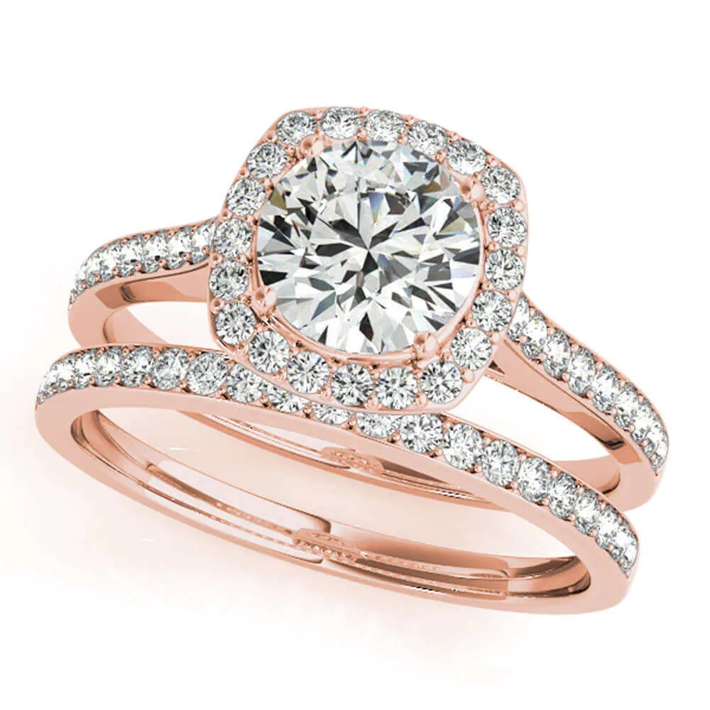 3/4 Ct. Halo Engagement & Wedding Band Set In 14k Solid Rose Gold (1/2ct, I-J Color, I2-I3 Clarity)